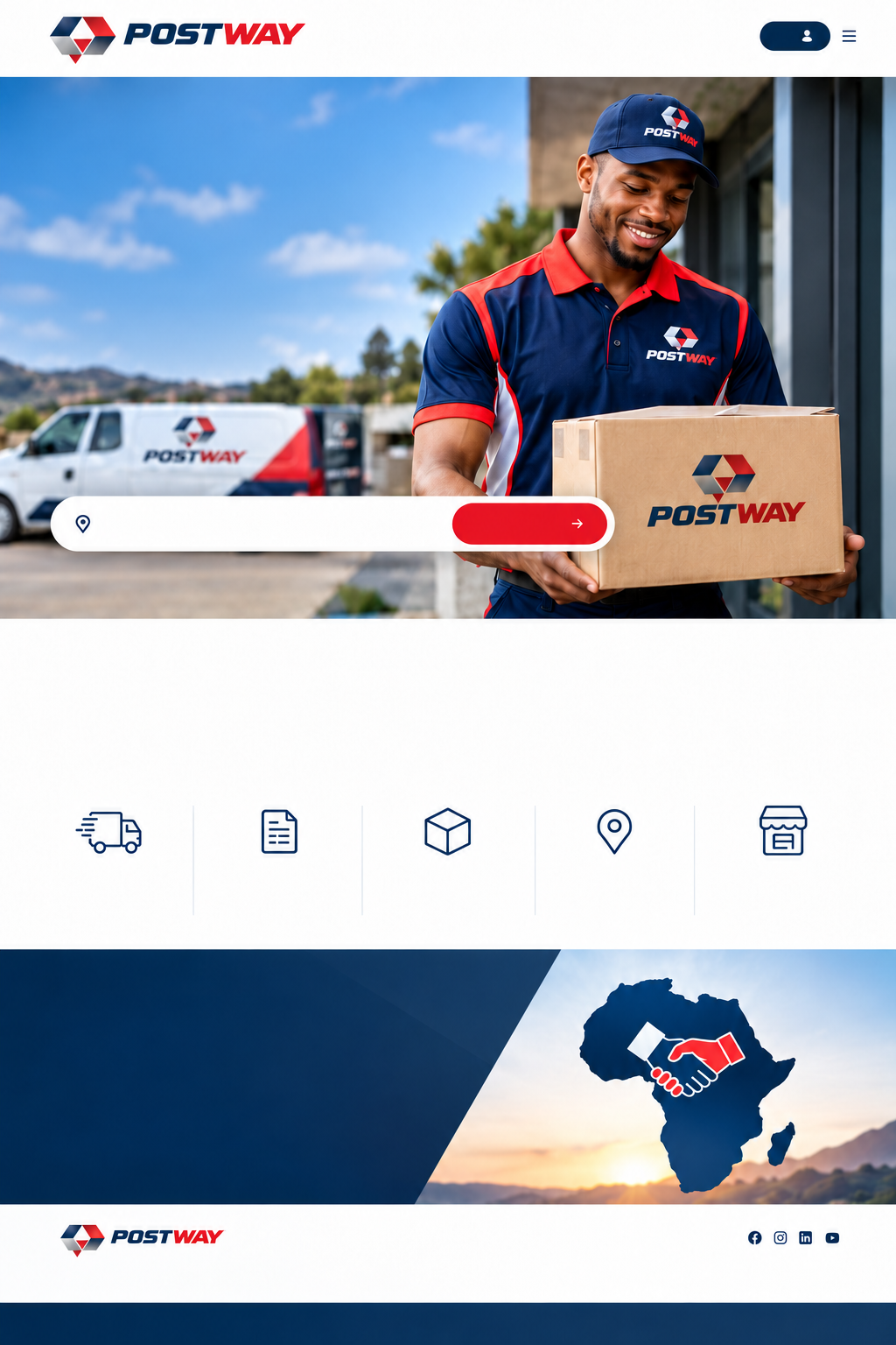 Postway courier homepage artwork with a staff member handing over a parcel, courier services, and company information.